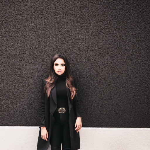 a girl of a beautiful arabic look, athletic, knee-high boots, wavy lustrous hair, full height, black shirt, black jeans, black trenchcoat, sky background, urban promenade