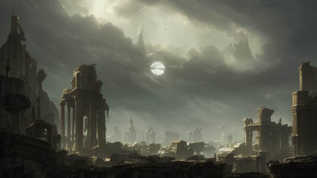 high contrast longshot photograph of advanced civilization city ruins floating in a disc in the sky by hubert robert, lee madwick and bastien lecouffe - deharme 8 k artstation cinematic dramatic lighting