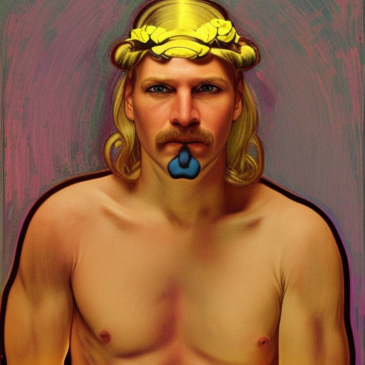 Hyperrealistic portrait of blond Gallic warrior with a yellow mustache by david hockney and alphonse mucha, fantasy art, photo realistic, dynamic lighting, artstation, poster, volumetric lighting, very detailed faces, 4k, award-winning,, 1man, in the dark, deep shadow, understated, cowboy shot, (official outfit: 1.4), long hair, yellow hair, A , super realistic, clad in gleaming armor, holding a sword engraved with ancient runes, a defiant look in his piercing blue eyes and majesty. Photography, realistic style, using a DSLR camera with a 70-200mm telephoto lens