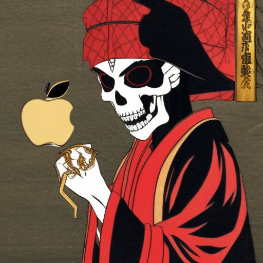 shinigami with gold skull head, with red apple in hand, extending arm with apple to camera, shinigami wearing ancient japanese royal attire, give image anime look