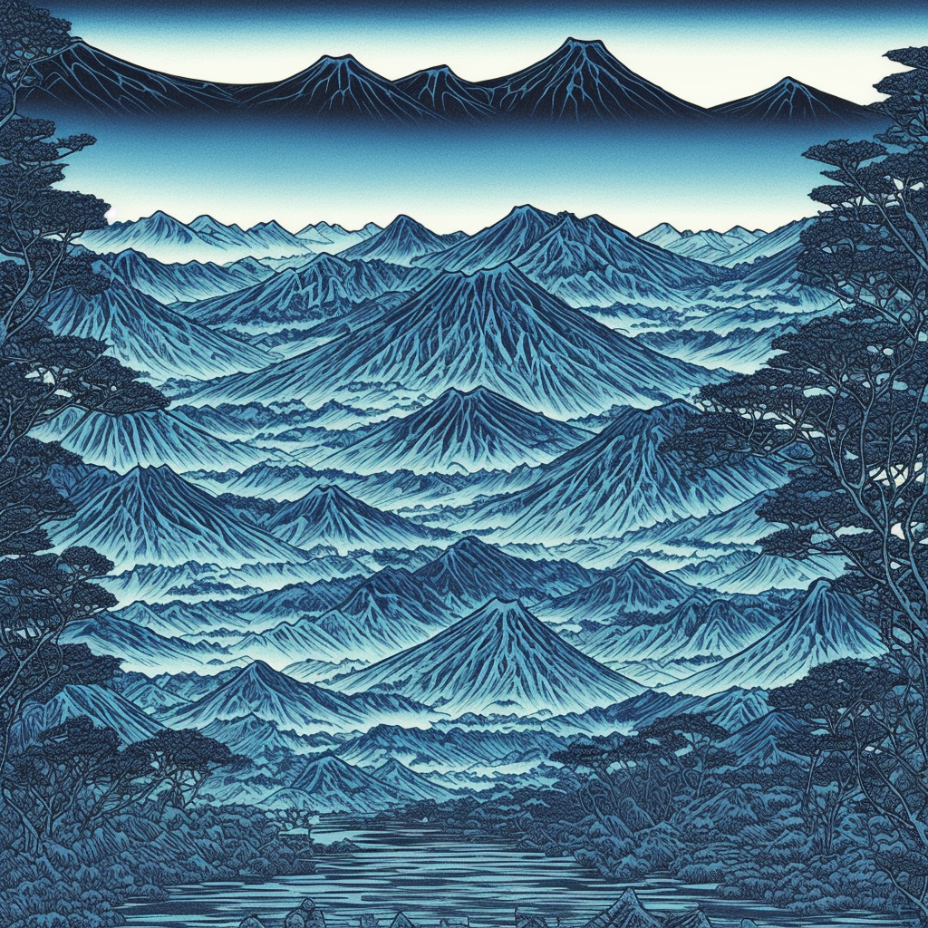 dan mumford pen blue Engraving  high quality landscape Japanese 