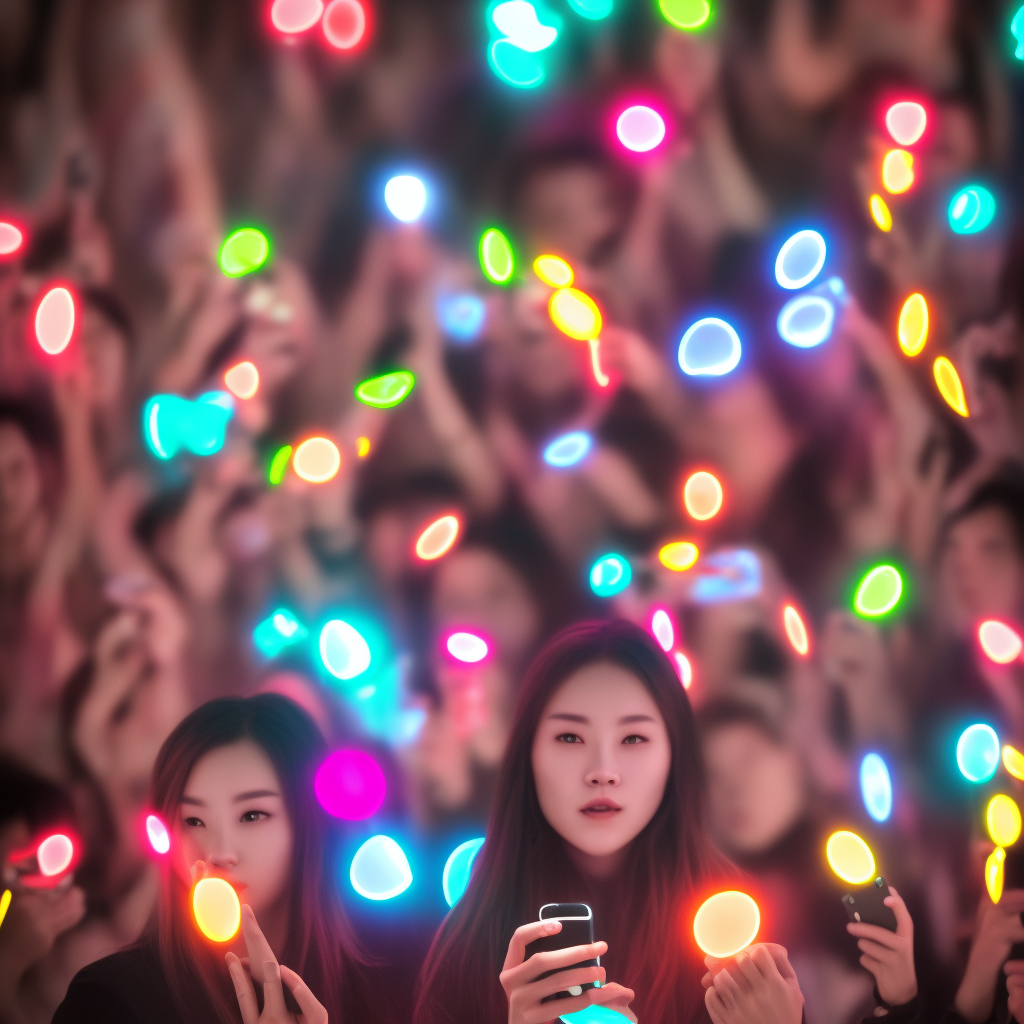 People in the crowd with light neon phone flashlights and cameras  8k ultra hd portrait ultra-realistic portrait cinematic lighting 80mm lens, 8k, photography bokeh