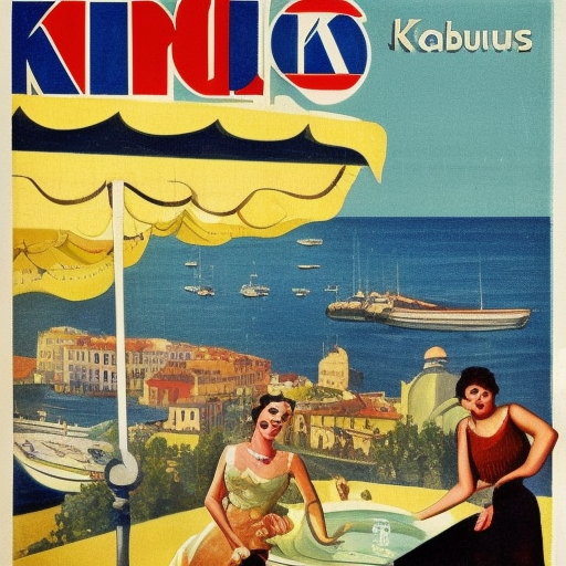 1950 french riviera advertise with the city of Kaunas in summer