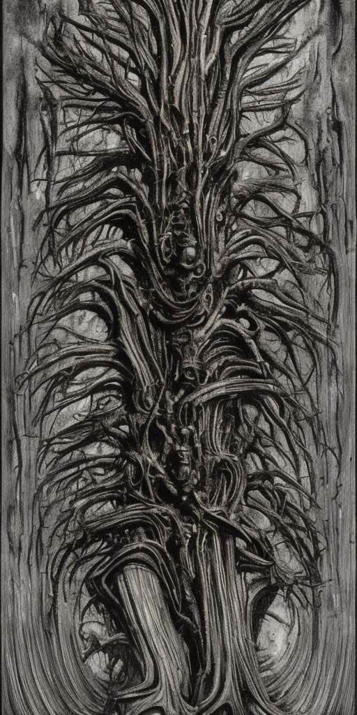 a H.R. Giger of a Burning Tree