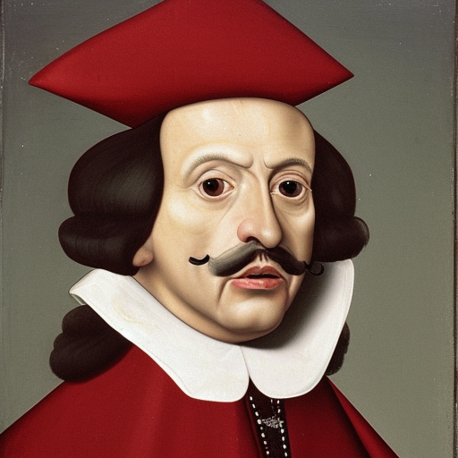 A Spanish cardinal, 45 years old, hasburg family, prominent jaw, white, Catholic church, thin, aguilean nose, mustache with knob, hair streaked by the ears, deep look, 1649, cardinal's red clothes oil painting on canvas