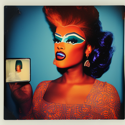 Over the shoulder shot, vintage Polaroid photograph of an African drag queen staring into a broken mirror in a cheap apartment by Andy Warhol. Light leaks. Published in Paris Review.  Photorealistic.