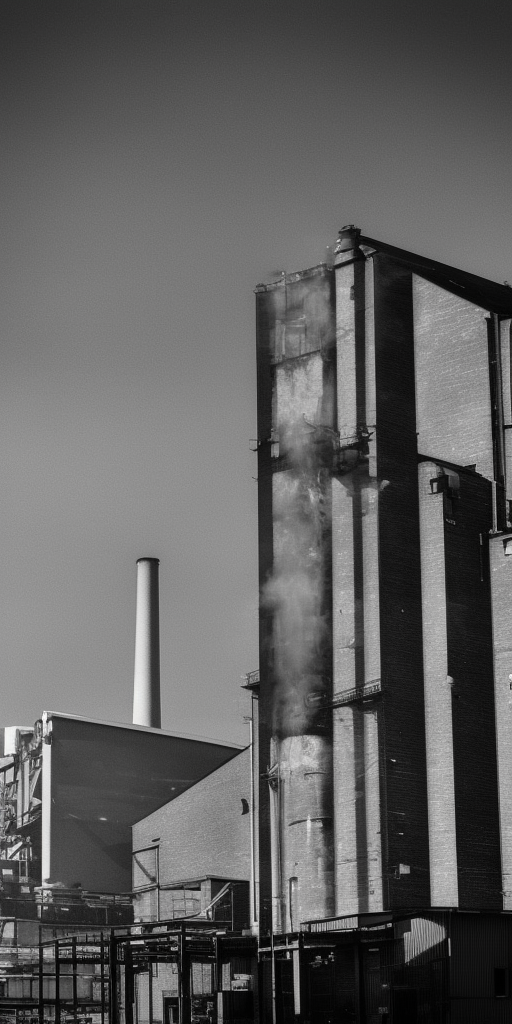 A black and white 3d rendering of a factory in Wuppertal, a very close-up shot. It's a clear and bright day. In the center of the picture, a brick chimney rises up, dominating the upper half of the image. In the background, behind the industrial building, there is a tree. Actually, everything except for the chimney is in a deep, dark shadow. The chimney, on the other hand, as the tallest object, rises phallically and reaches out to the sunlight as if it were a tree turning towards its source of nourishment. The other tree, which is not just like a tree, but a real tree, is only a dark outline. Would it be a bit too overblown if I were to say: Here, the human work of capitalism rises above natural creativity, showing its strength and pride, without realizing that its downfall is already embedded in this outstanding pride? Or is a chimney sometimes just a chimney?