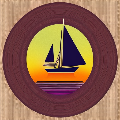 graphic of a yacht enclosed in a round circle, colorful, professional tshirt design vector, vintage sunset, contour, white background
