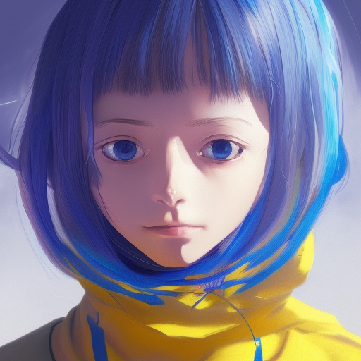 a portrait of anime ukrainian blue and yellow girl, scared, concept art, trending on artstation, highly detailed, intricate, sharp focus, digital art, 8 k detailed digital painting, in the style of simon stalenhag
