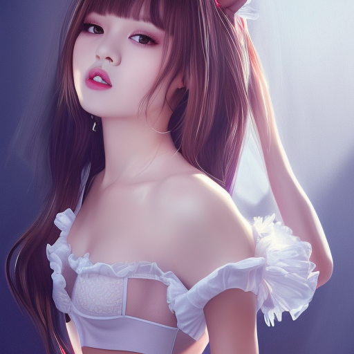 realistic detailed semirealism beautiful gorgeous cute Blackpink Lalisa Manoban wearing white camisole white lingerie outfit maid costume, black hair black cat ears, black leather choker, I cup, proportional body, WLOP, Aztodio, Taejune Kim, Pixiv, Instagram, Artstation