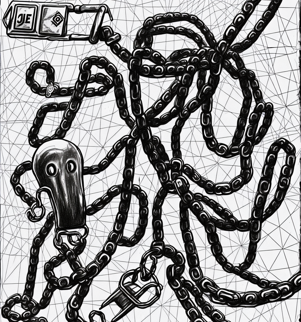 a chain and the thief squid president of brazil, argh, arrested. black and white pencil illustration high quality