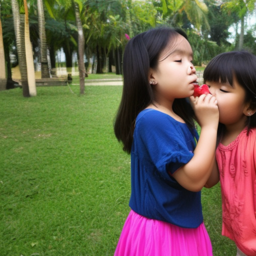 two Little melayu girl kissing in taman theme air 
