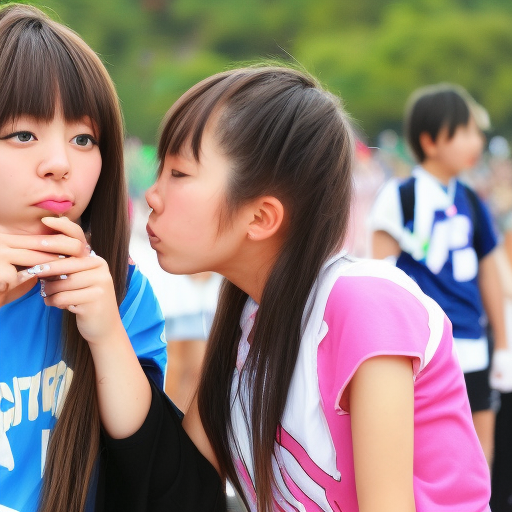 two preteens japanese girl kissing in sports day 