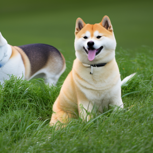 a white call duck riding on a Shiba Inu on a grass ground