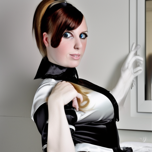 blond lady in shiny and black satin metalic hotel maid uniform