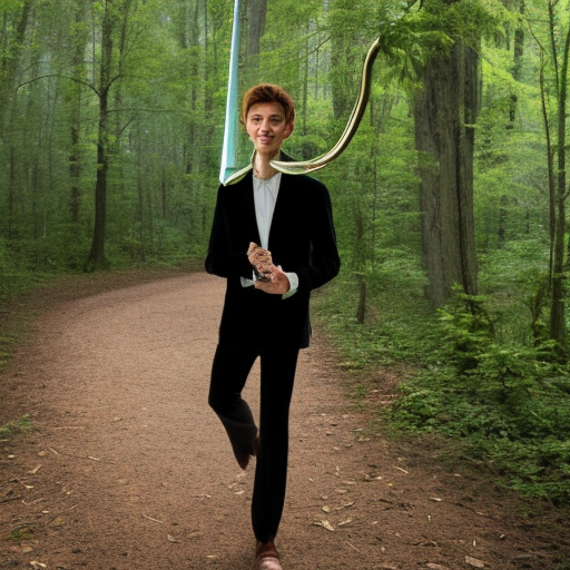 A tall thin handsome man dressed like Peter Pan is holding a flute nest to his mouth and walking rapidly over a tiny paved path in the middle of a forest