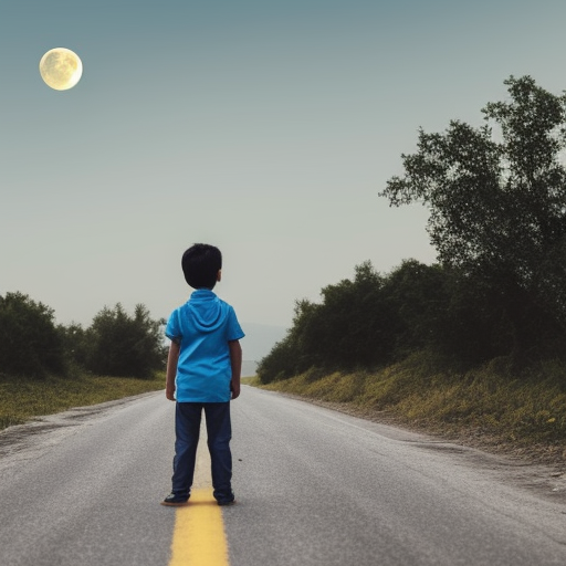 boy standing alone on road looking at moon