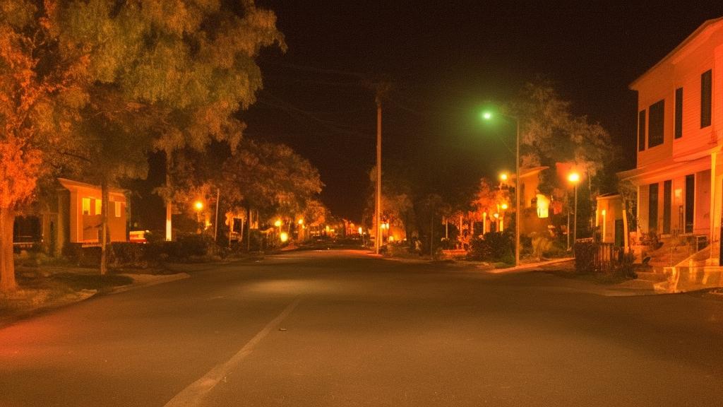 photo taken in the middle of a street of a neighborhood during halloween at night dimly lit by orange light ultra realistic
