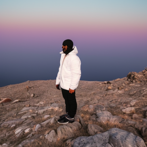 man standing, mountain, looking at moon, wearing white jacket, night