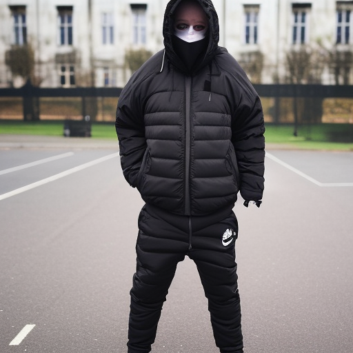 British roadman wearing a black mask, black hooded North Face Puffer Jacket, Nike Air Max shoes and black tracksuit pants