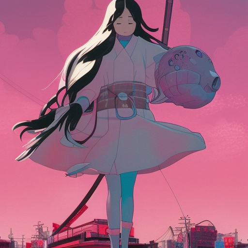 Artwork by James Jean, Phil noto and hiyao Miyazaki; a young Japanese future samurai police girl named Yoshimi attacks an enormous looming evil natured carnivorous pink robot on the streets of Tokyo; Japanese shops and neon signage; crowds of people running; Art work by studio ghibli, Phil noto and James Jean
