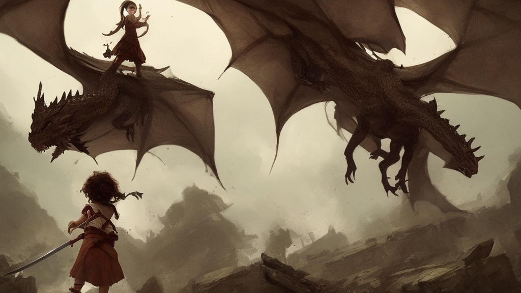 a cute little girl with curly brown hair holding a sword faces off against a baby dragon, beautiful fantasy art by greg rutkowski.