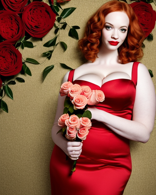 perfectly - centered!! looking at the camera!!! full body photograph of young christina hendricks with roses wearing a gala dress, bright lighting, godrays, golden, roses, intricate abstract upper body, zeiss lens, cinematic lighting, sharp focus, bokeh, smooth, filmstill, photography, hyper realism, iridescent accents