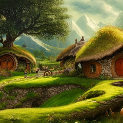 a hobbit village with hobbits and hobbit houses and beautiful green grass, and one old beautiful tree, highly detailed oil painting, epic fantasy art, abstraction, masterpeice, 8k