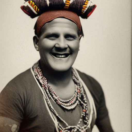 white man with no beard, big cheeks, mischievous smile, bulging eyes, red hair over his ears, small hat, tribal necklace, purple clothing, yellow shirt, 1901, color photo