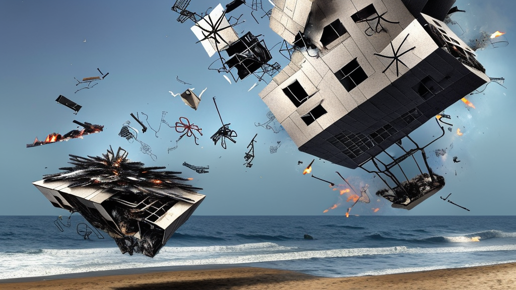 very realistic lebbeus woods flying building made of parts and rubbish on fire, exploding and falling into a rough sea near a beach


