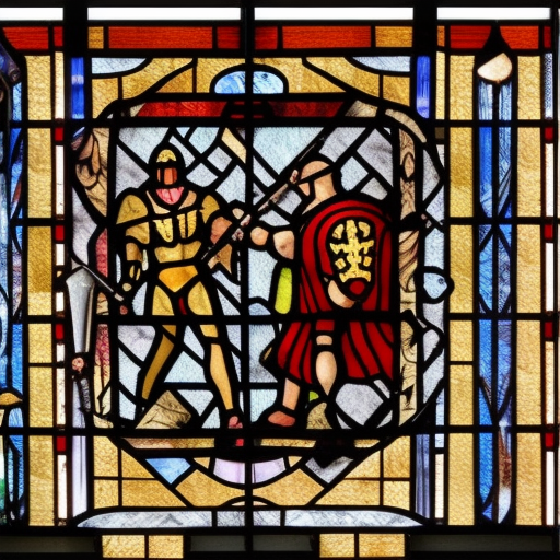 dark medieval, duel of evil gladiator and good gladiator, Warhammer fantasy, intricate stained glass, black and red, gold and blue, grim-dark, gritty