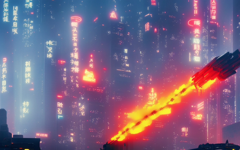 realistic large battle mech firing missiles into blade runner tower city on fire and exploding, neon japanese billboards, blue sky

