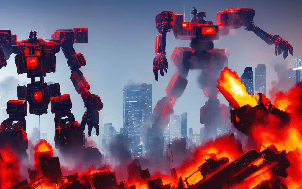 large mech with red stripes fighting with a mech with blue edges which is on fire and expoding, tall city scape


