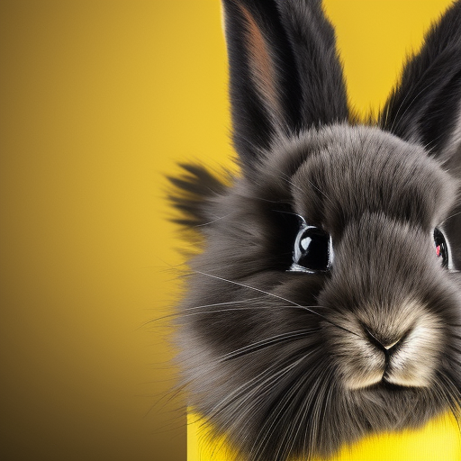 fluffy cute black rabbit looks at the camera from a distance on a yellow light background, cinematic, hyperrealistic