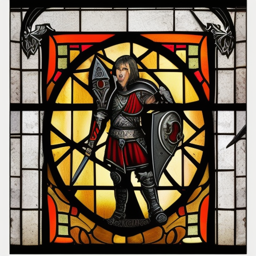 dark medieval, triumphant young evil gladiator winning good gladiator with sword and shield, evil, Warhammer fantasy, stained glass, black and red, gold and blue, grim-dark, gritty