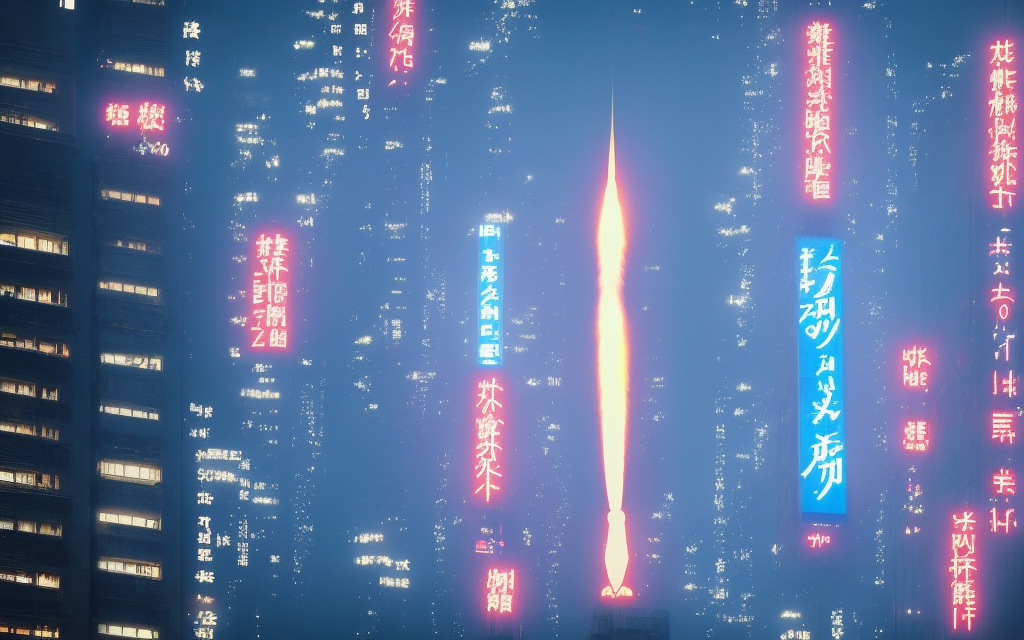 realistic large blue mech firing missiles in blade runner tower city on fire neon japanese billboards cloud sky

