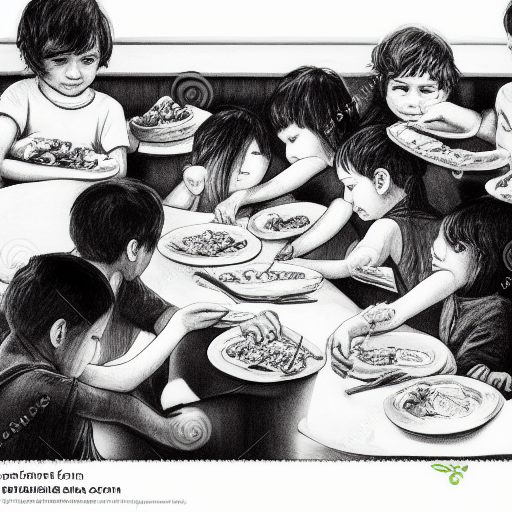 many hungry children eating at dinner painting black and white pencil illustration high quality