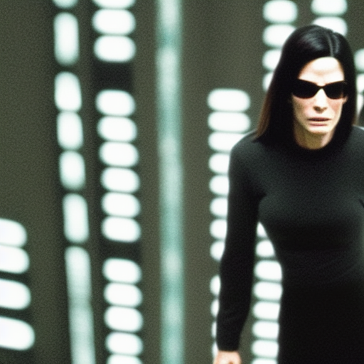 Realistic movie still of Sandra Bullock in the Matrix