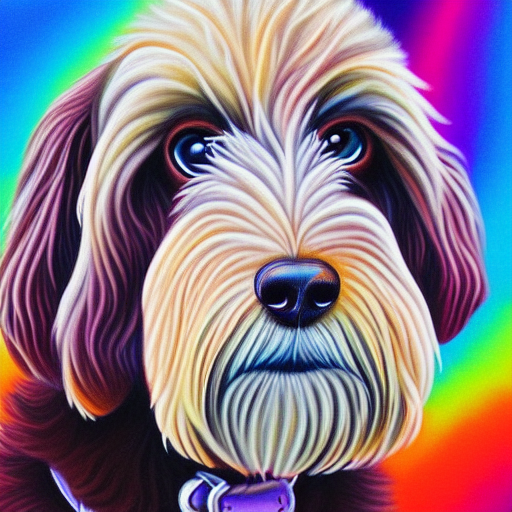 luminescent colorful detailed airbrush painting of labradoodle dog