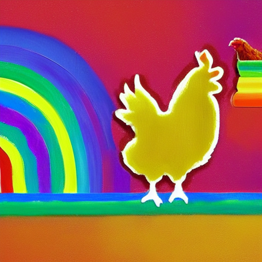 a abstract rainbow with a chicken on the top. There are two pots of gold on each side. Realistic. 800 k