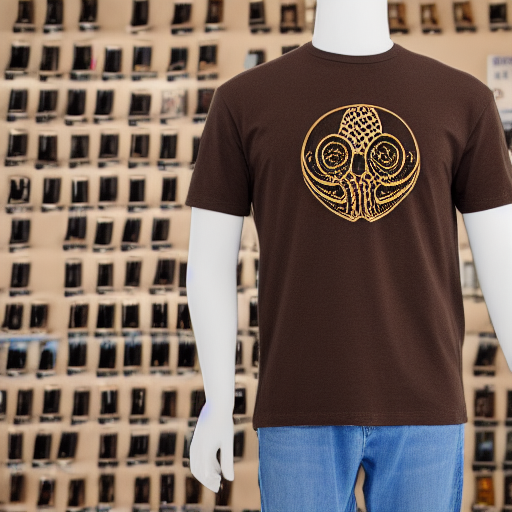 |[Vintage]| style |[short sleeve]| |[brown]| |[tshirt]| with a |[faded black coherent symmetrical cthulhu] graphic]|, worn by a fully assembled store display mannequin, |[natural daylight]|, 45mm lens, 4k, clean, high quality material