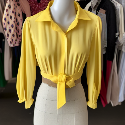 vintage style long sleeve  yellow blouse with a fun collar, worn by a fully assembled store display mannequin, [natural daylight], 45mm lens, 4k, clean, high quality material