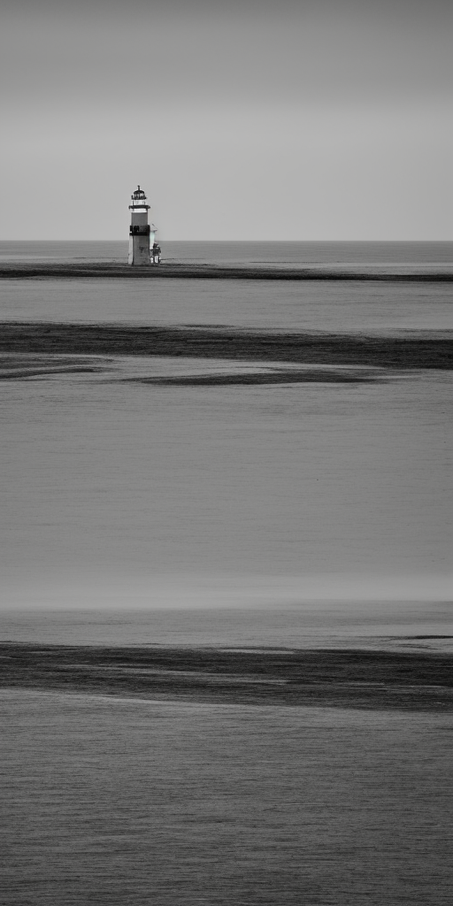A grayscale painting of a platform on a metal column directly in front of a Spiekerooge beach. This could be mistaken for a lighthouse, but this can only happen on clear, bright days. At night, the construct then clears itself up due to its lack of luminosity. Otherwise it is cloudy, but dry. On the horizon you can barely see the mainland. Directly in front of the tower, a sandbank with its highest hump tip pushes through the water surface.