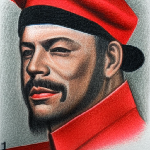 che guevarra, color pencil sketch, with red star on beret, symmetrical