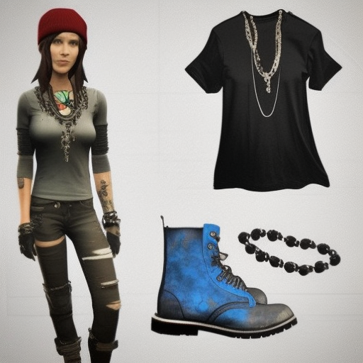 Skull shirt, Bullet necklace, black boots, short Blue hair, beanie. Katie Cassidy as Chloe Price Life Is Strange