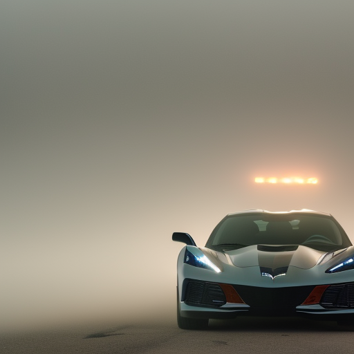 utch angle photo silhouette of a 2022 C8 Corvette coupe with the car lights piercing the dense fog, low light, dark mode