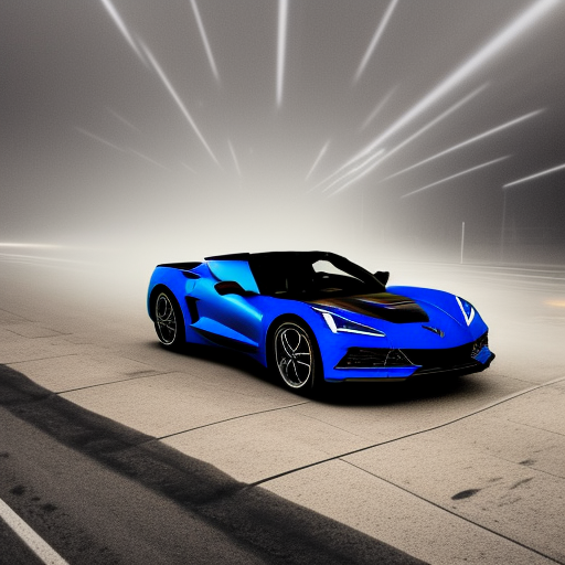 dutch angle photo silhouette of a 2022 C8 Corvette coupe rapid blue color with the car lights piercing the dense fog, low light, dark mode, city street, close up, photo realistic, 4k, dramtic