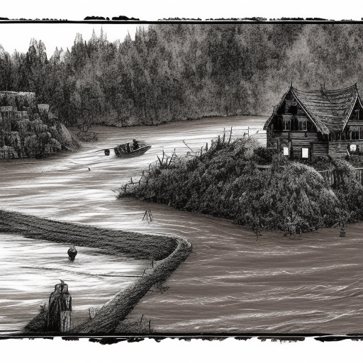 dark medieval wide straight river, rocky rapids, Warhammer fantasy, lock with two sluices between island and shore, levelled water, one house, rocks, summer, trees, nets, fishing, fish, water-lily, boat, black adder, muddy, misty, overcast, Dark, creepy, grim-dark, gritty, hyperdetailed, realistic, illustration, high definition