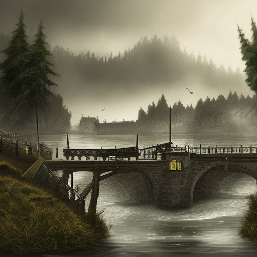 dark medieval wide rapid river, river lock with two wide sluices between island and shore, different water levels, Warhammer fantasy, single building, summer, trees, fishing, nets, black adder, misty, overcast, Dark, creepy, grim-dark, gritty, Yuri Hill, hyperdetailed, realistic, illustration, high definition
