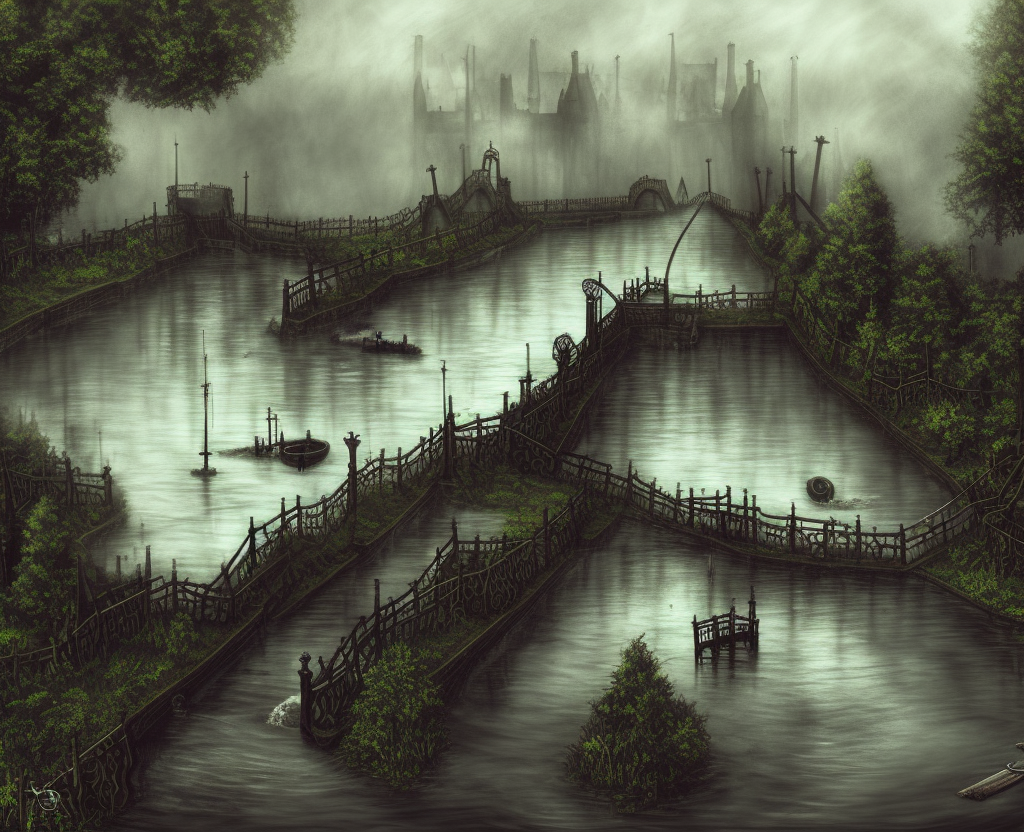 dark medieval, river lock with sluice on a wide rapid river, different water levels, Warhammer fantasy, one building, summer, trees, fishing, nets, misty, overcast, Dark, creepy, grim-dark, gritty, Yuri Hill, hyperdetailed, realistic, illustration, high definition, 4K, oil on canvas%>